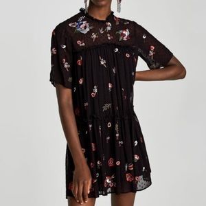 Zara Black Embroidered Dotted Mesh Dress S NWT